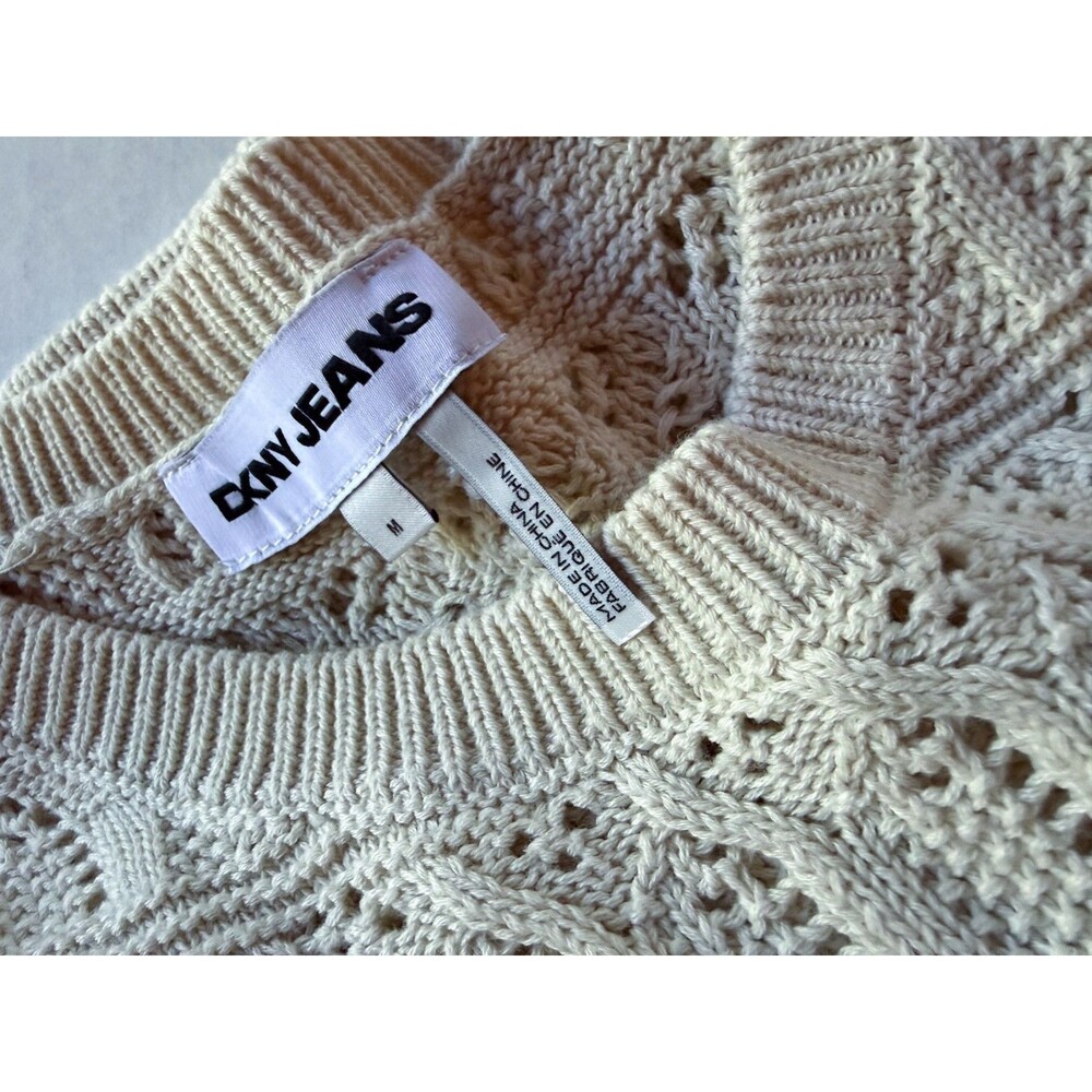 DKNY Women's Medium Open Knit Crewneck Sleeveless Vest Eggnog Cream cottagecore